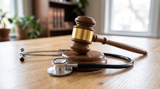 Medical law, stethoscope and gavel, healthcare justice, doctor litigation