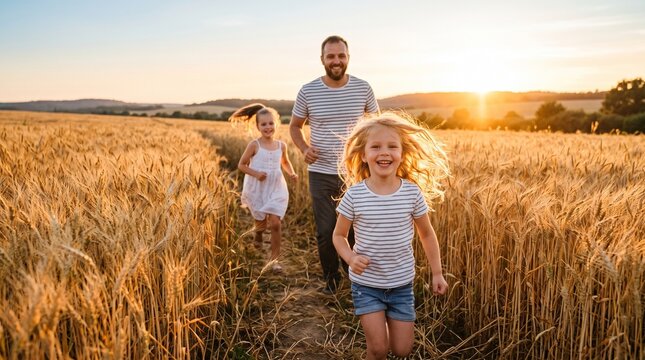 Happy family running through golden wheat field at sunset, joyful children and father enjoying summer outdoors