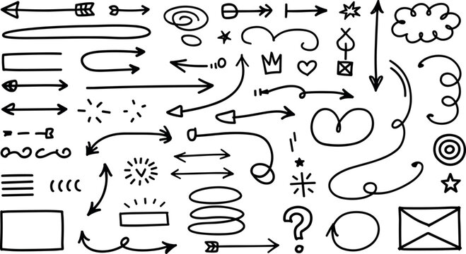 Hand drawn doodle arrows and abstract design elements vector collection set isolated on white background for correction highlighting and notes