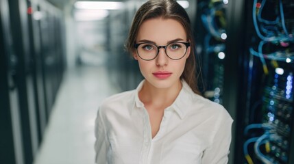 Obraz premium Confident female IT professional standing in a modern data center, representing cybersecurity, cloud computing, server management, and enterprise technology.