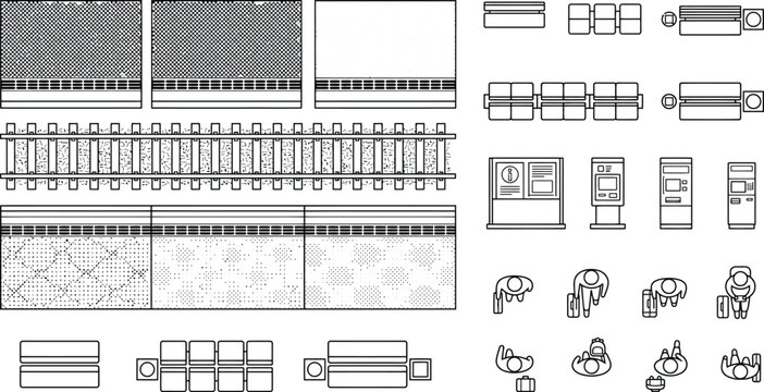 Seating CAD block library, top view grandstand, bleacher, bench, waiting chair and table symbols for architectural floor plans
