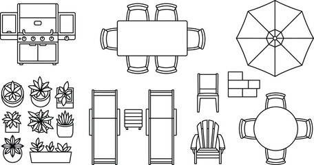 Outdoor furniture CAD library, top view patio tables, chairs, benches, umbrellas and planter blocks for landscape architecture and site plans © ProPixel Studio