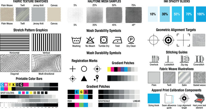 Apparel Print Calibration and Textile Quality Control Vector Set Featuring Fabric Swatches, Laundry Symbols, Color Bars, Registration Marks, and Screen Printing Alignment Targets