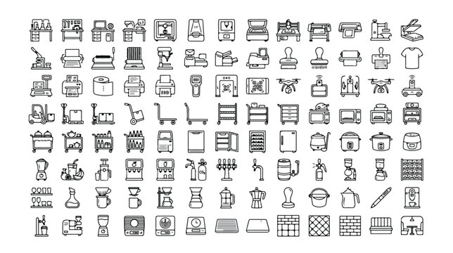 Set of 100 black line art household and office item icons vector