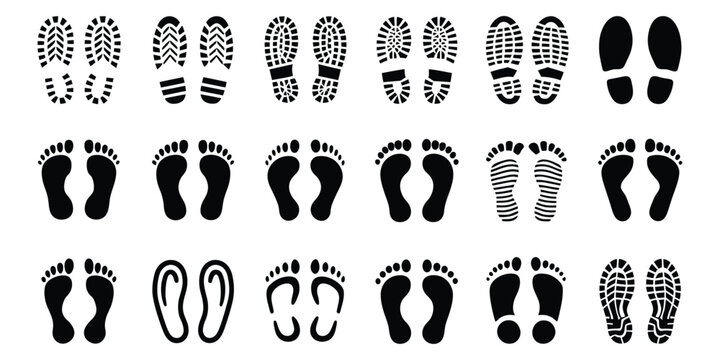 Black Footprint and Shoe Print Icons on White Background, silhouette footprints featuring human foot marks, shoe sole impressions, walking tracks, trail symbols and clean vector illustration.