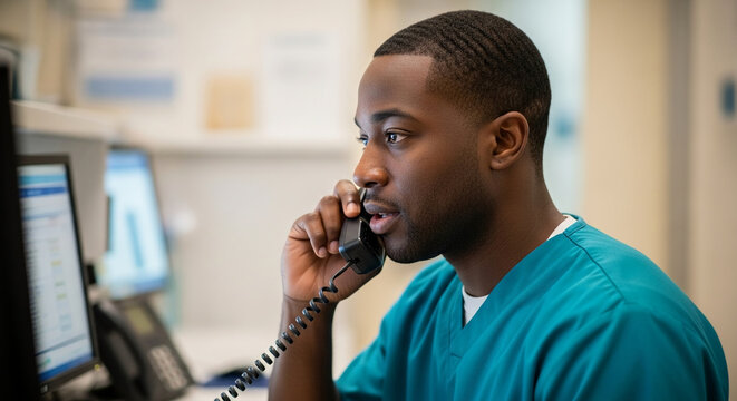 Professional African American male medical worker in teal scrubs talking on a telephone while looking at computer screen in clinical hospital office