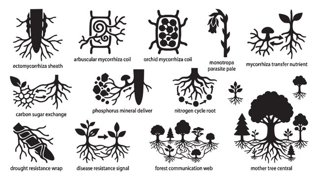 Mycorrhiza fungi roots interaction ecosystem set of black silhouette vector icons.