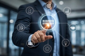 Obraz premium Businessman touching a virtual screen with business strategy icons and digital interface