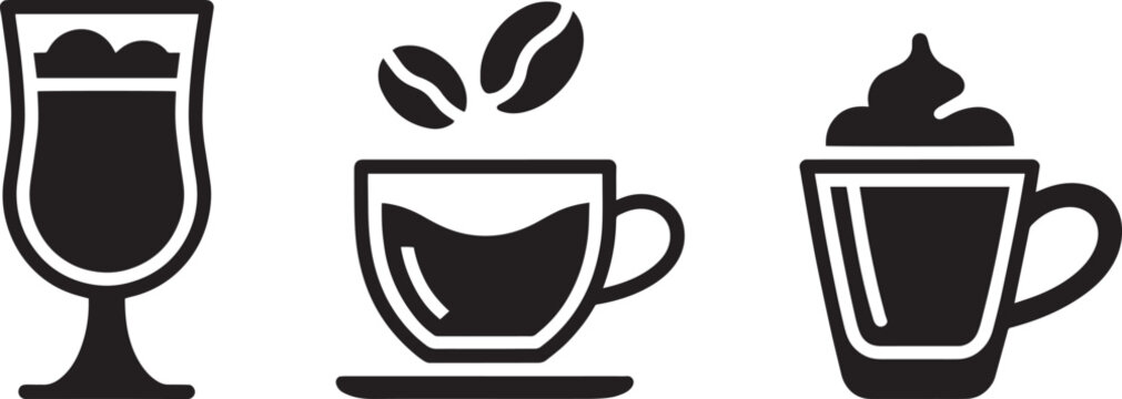 Beverages including an Irish coffee glass, a cup of coffee beans, and a small espresso cup with foam are presented as a collection of dark icons.