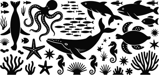 Black ocean creatures, sea animals, underwater icons, marine life vector set © KABIR678