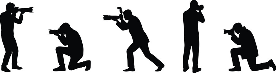 Photographers silhouette vector illustration featuring a professional paparazzi journalists media press reporters group shooting outdoor pictures with digital camera gear (Exactly 20 words) © MstDulali
