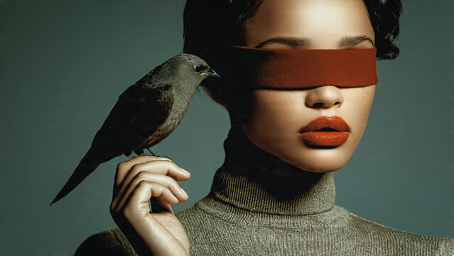 Femme avec un bandeau sur les yeux tenant un oiseau sur sa main
