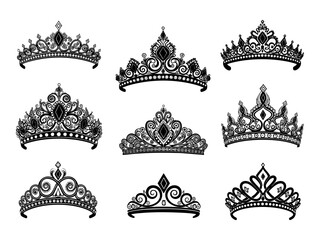 Vector tiara set. Beautiful queen tiaras or princess crown silhouettes for wedding cards and vignettes © zulfa