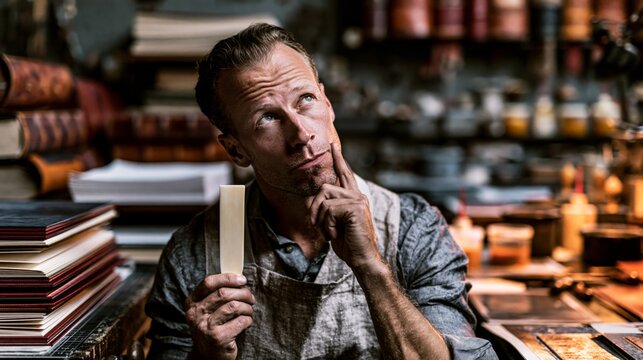 Bookbinder holding a bone folder in a bookbinding studio while thinking. Concept of quiz, consultation and trivia about bookbinding.