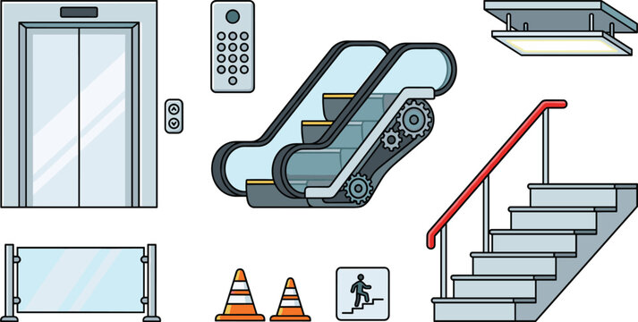 Cartoon building elevator and escalator vector icon set featuring modern staircase glass railing ceiling panel buttons traffic cones and pedestrian sign.