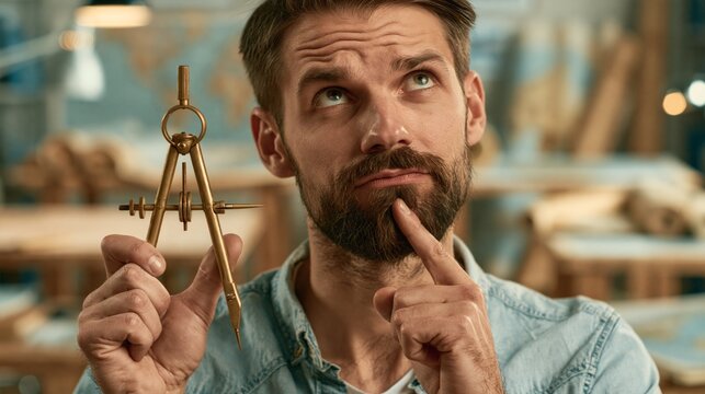 Cartographer holding a drafting compass in a cartography studio while thinking. Concept of quiz, consultation and trivia about cartography.