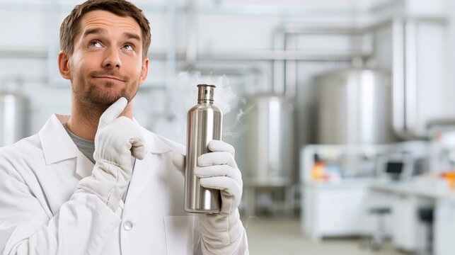 Fermentation specialist holding a pH meter probe in a fermentation laboratory while thinking. Concept of quiz, consultation and trivia about fermentation science.