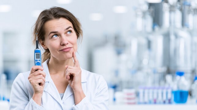 Fermentation specialist holding a pH meter probe in a fermentation laboratory while thinking. Concept of quiz, consultation and trivia about fermentation science.