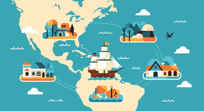 Vector illustration of a world map with travel landmarks and transportation modes