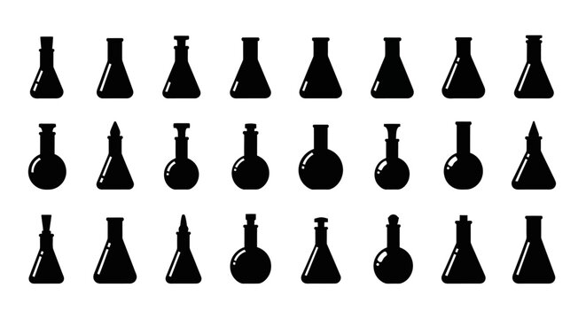 Black silhouettes of various laboratory flasks and beakers on white background