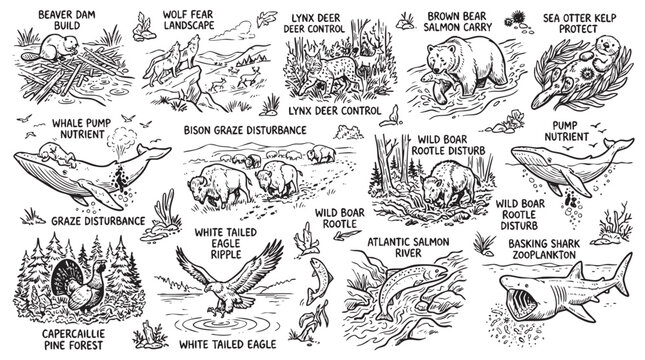 Keystone species and trophic cascade effects in natural ecosystems hand drawn vector illustrations.