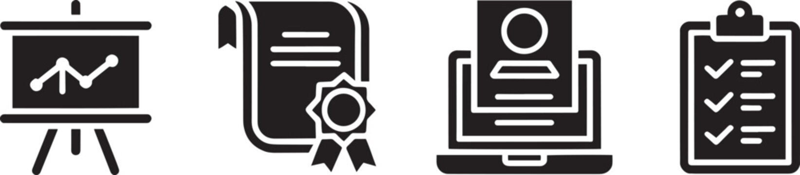 Business icons featuring a growth chart, a certificate, a laptop, and a checklist facilitate professional documentation.
