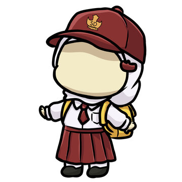 Chibi Faceless Indonesian Elementary School Hijab Student SD with Yellow Backpack Illustration