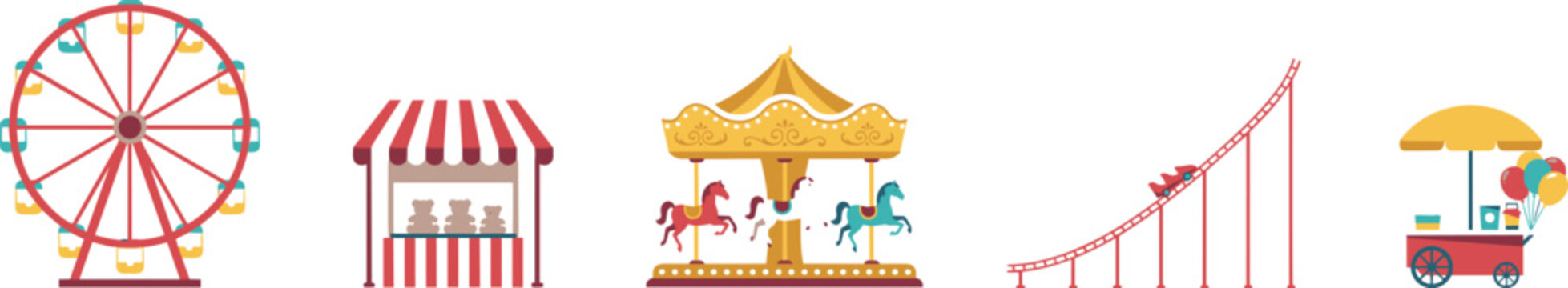 Amusement park amusement rides vector icon set featuring ferris wheel carnival ticket booth carousel merry go round roller coaster and balloon food cart elements