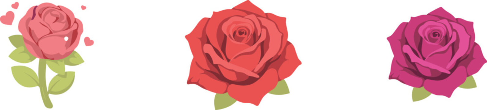 Beautiful rose flower vector illustration collection featuring a pink rosebud with floating hearts a classic blooming red rose head and a deep purple magenta blossom