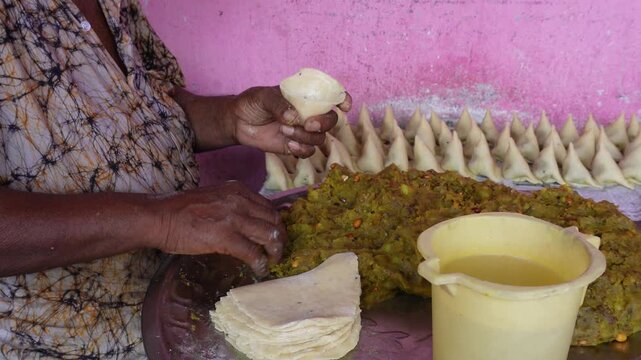 Samosa preparation with fresh handmade folding