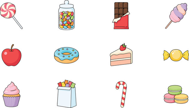Candy and sweet dessert vector icon set featuring lollipop candy jar chocolate bar cotton candy candy apple donut cake macaron cupcake and gummy bears