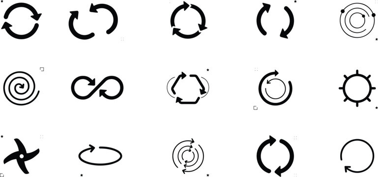 Circular rotation and recycling arrow icons set featuring loop, sync, refresh, infinity symbol, spiral, undo, reload, repeatability, and environmental sustainability process vector illustration