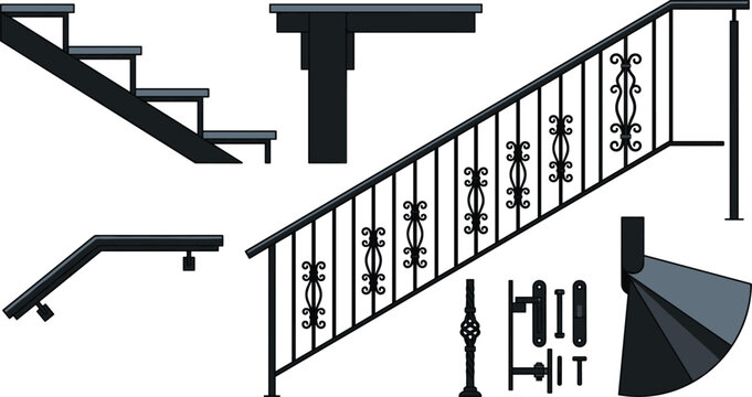 Modern staircase construction element vector set featuring metal stairs steps classic forged wrought iron railing handrail baluster handle fixture parts and fittings.