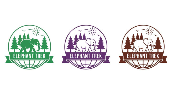 Three Circular Logo Badges Featuring Trees and Elephant Trek Branding Design Elements.