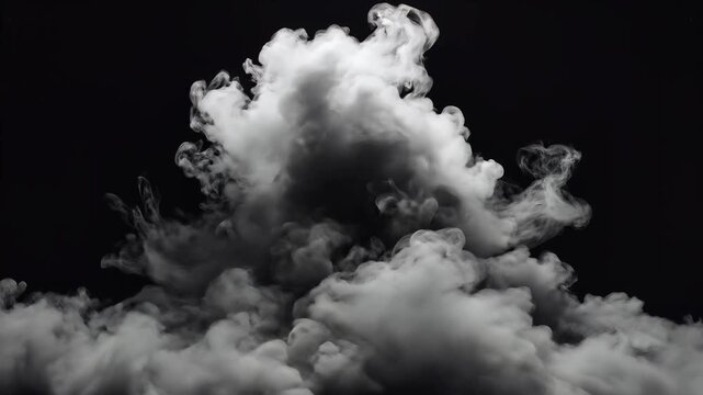 Dense billowing white smoke plumes rising against a solid black background in dramatic lighting