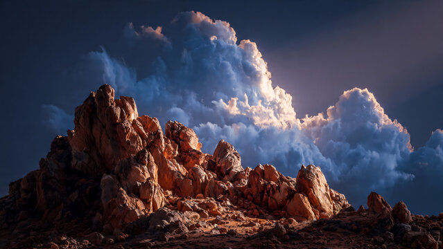 Paysage de montagne au cr&eacute;puscule avec ciel et nuages