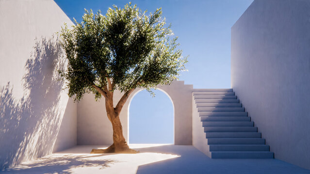 Terrasse ensoleill&eacute;e avec arbre, escalier et arche