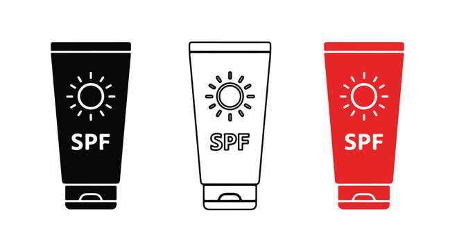 Three sunscreen lotion bottles with SPF labels in black, white, and red arranged on a clean white background.
