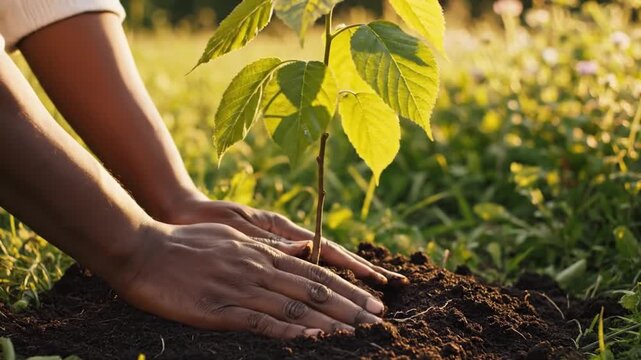 Close view of hands pressing young sapling into dark soil outdoors, with exposed roots, fresh green leaves, warm golden light, and softly blurred garden background, suggesting care, renewal, and
