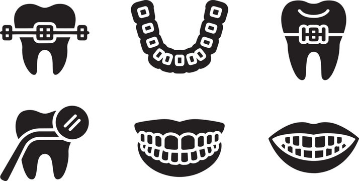 Dental braces and orthodontic care icons illustrate teeth alignment and oral health maintenance for patients.