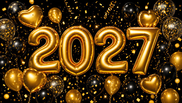  Golden and black balloons with Happy New Year 2027 text on dark background with confetti cel.jpg