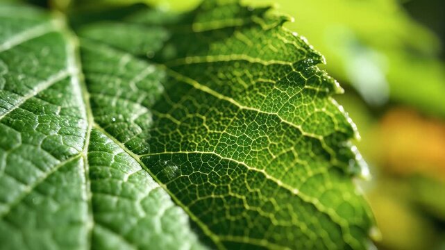 Detailed macro view of green leaf veins and texture with soft natural light