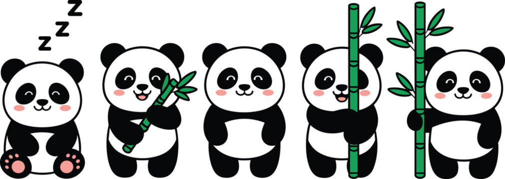 Cute cartoon panda bear vector illustration set with sleeping and standing positions holding bamboo stalks isolated on white background