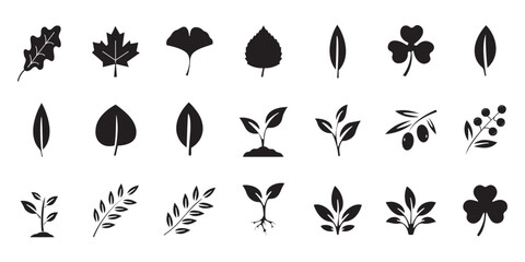 Fototapeta premium Leaf sprout icon set featuring green plant, fresh herb, and vegan nature symbols for eco branding, organic products, and sustainability design. Green plant sprouts collection with different leaf stage