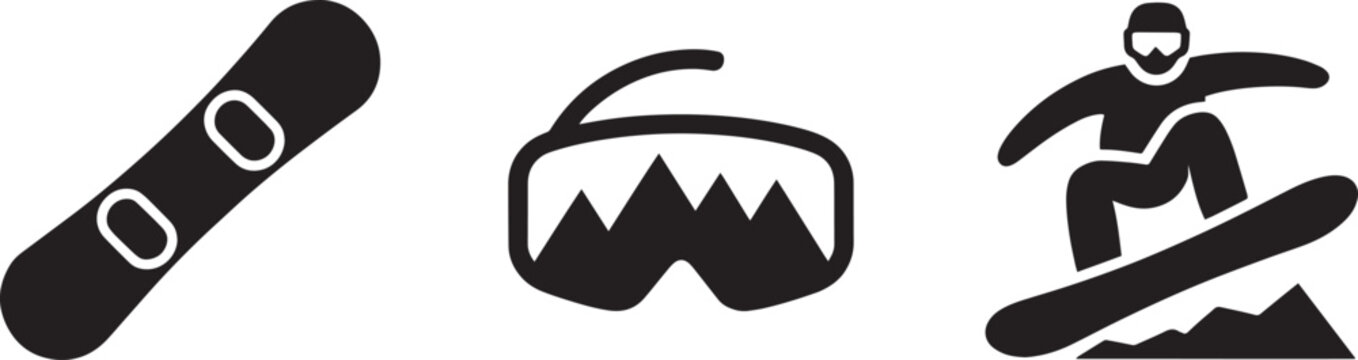 Snowboarding icons depict a board, protective goggles, and a person performing a jump on a mountain.