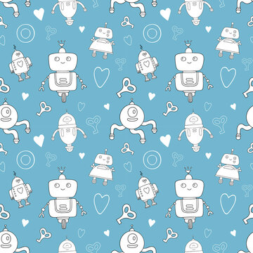 Pattern for children's products. Fun robots on a blue background