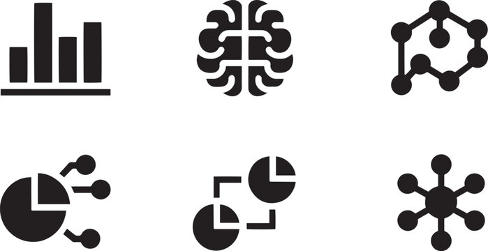 Data charts represent various analytical methods for visualizing complex information, artificial intelligence, and network structures.