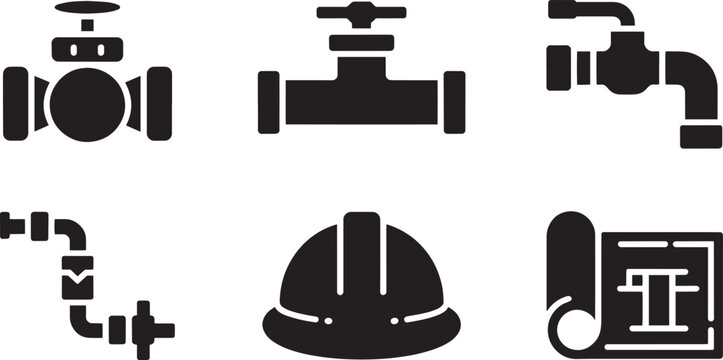 Plumbing icons illustrate industrial pipe fittings, hardware valves, a hard hat, and architectural blueprints.