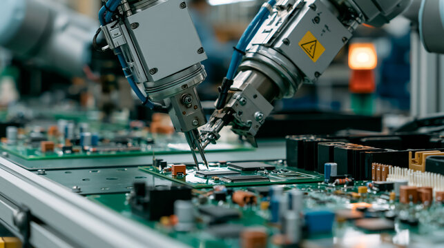 Automated Robot Arms Assembling PCB in Smart Factory