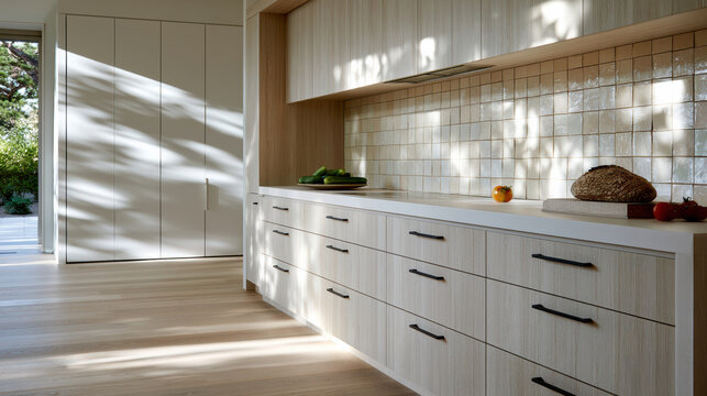 Minimalist kitchen with matt counter, light wood cabinet, tiled backsplash, natural sunlight, modern style, fresh bread, fruit
